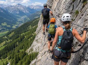 Familie am Klettersteig am Burgfelsen in Ladis