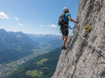 Klettersteiggeher am Stahlseil in der Felswand